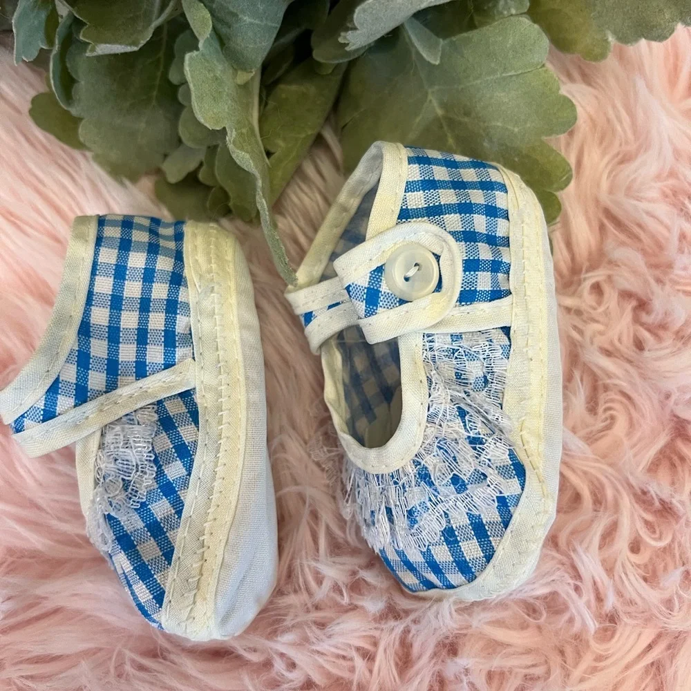 Vintage Baby Girl White Blue Gingham Lace Trim Mary Jane Crib Shoes Infant Sz 1